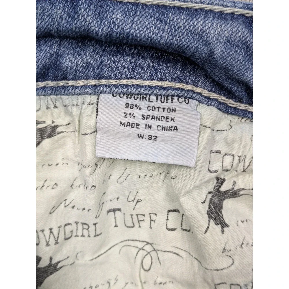 Cowgirl Tuff Co Skirt Womens 32 Blue Denim Mini Lace Patches Raw Hem Cowboy